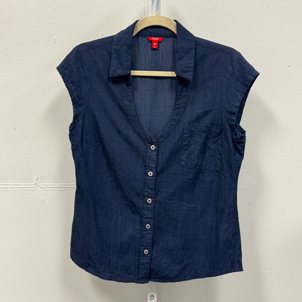 Y2K Guess Los Angeles Women's Dark Wash Cotton Cap Sleeve Button Up Top Blouse M